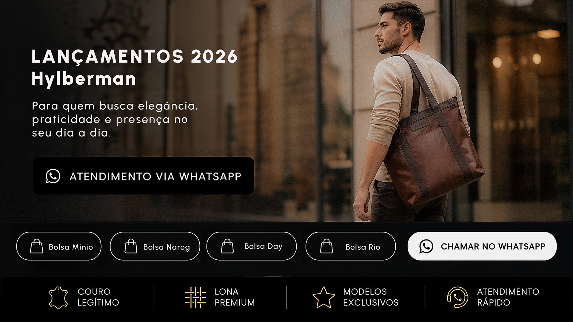 Novos lançamentos Hylberman 2026: bolsas masculinas em couro legítimo, lona premium e design autoral