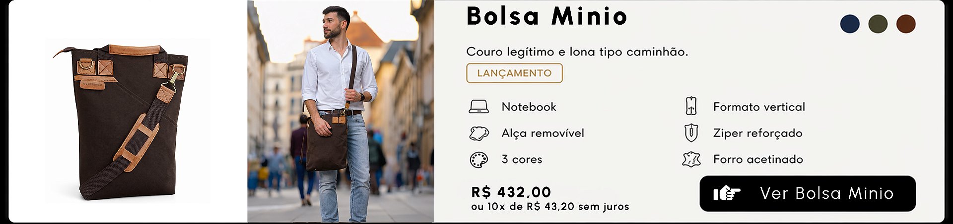 Bolsa Carteiro Minio masculina para notebook em lona premium e couro
