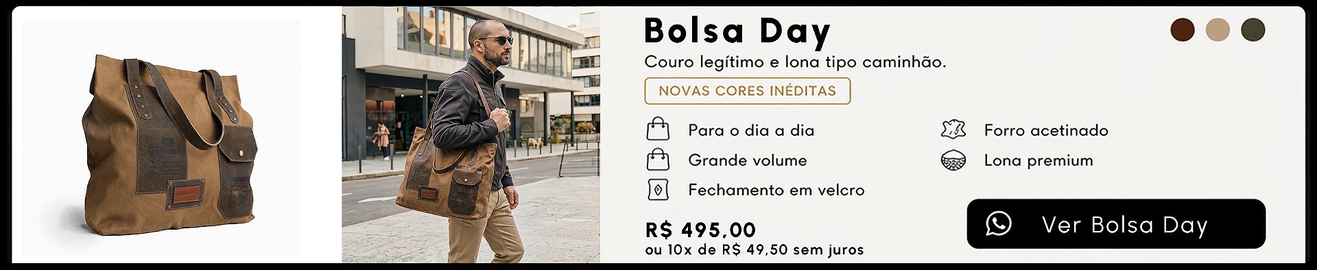 Bolsa Tote Masculina Day em couro legítimo e lona premium