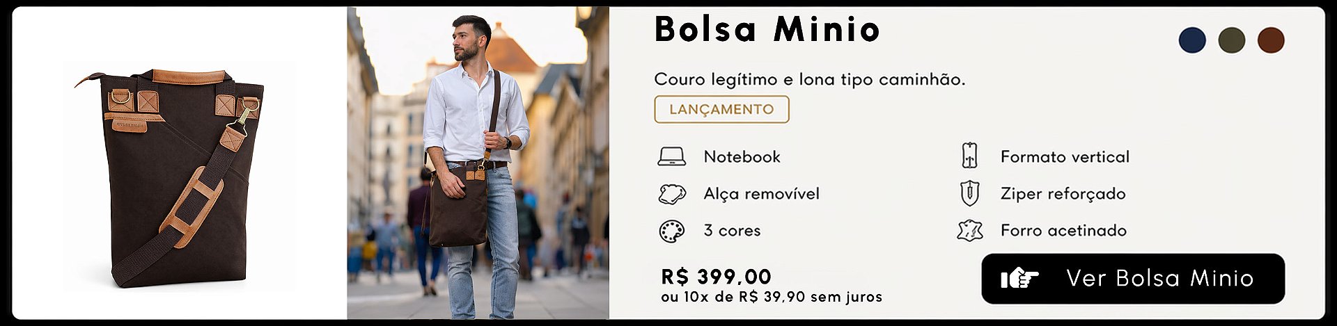 Bolsa Carteiro Minio para notebook em lona premium e couro para desktop