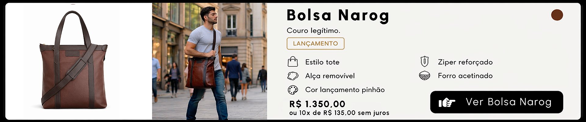 Bolsa Carteiro Tote Narog masculina em couro legítimo porta notebook