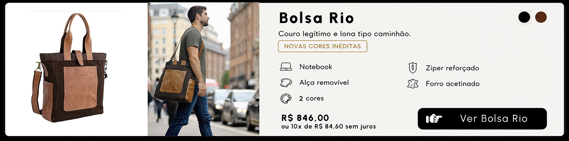 Bolsa Carteiro Rio masculina em couro e lona para notebook e tablet