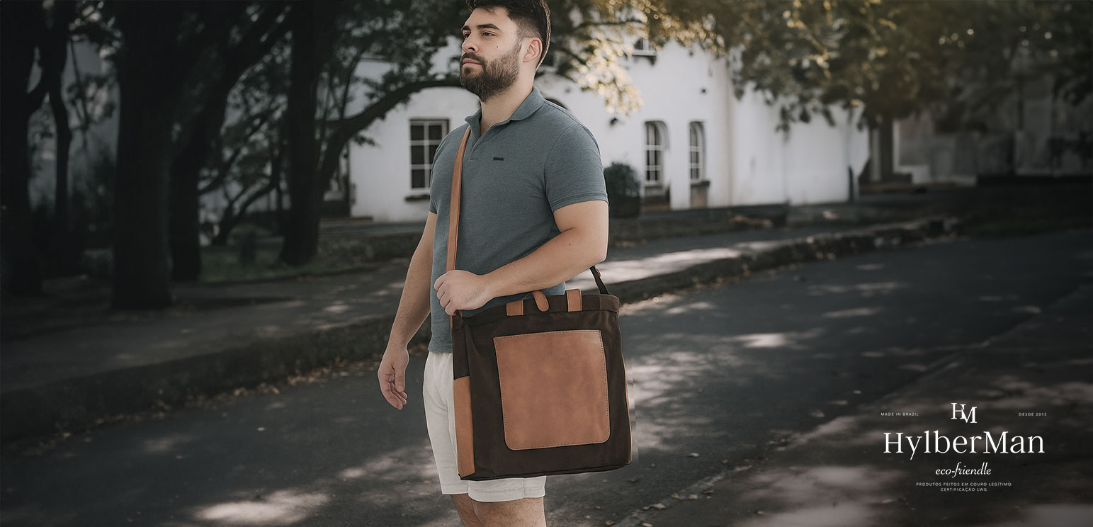 Bolsa carteiro masculina em couro e lona - Hylberman