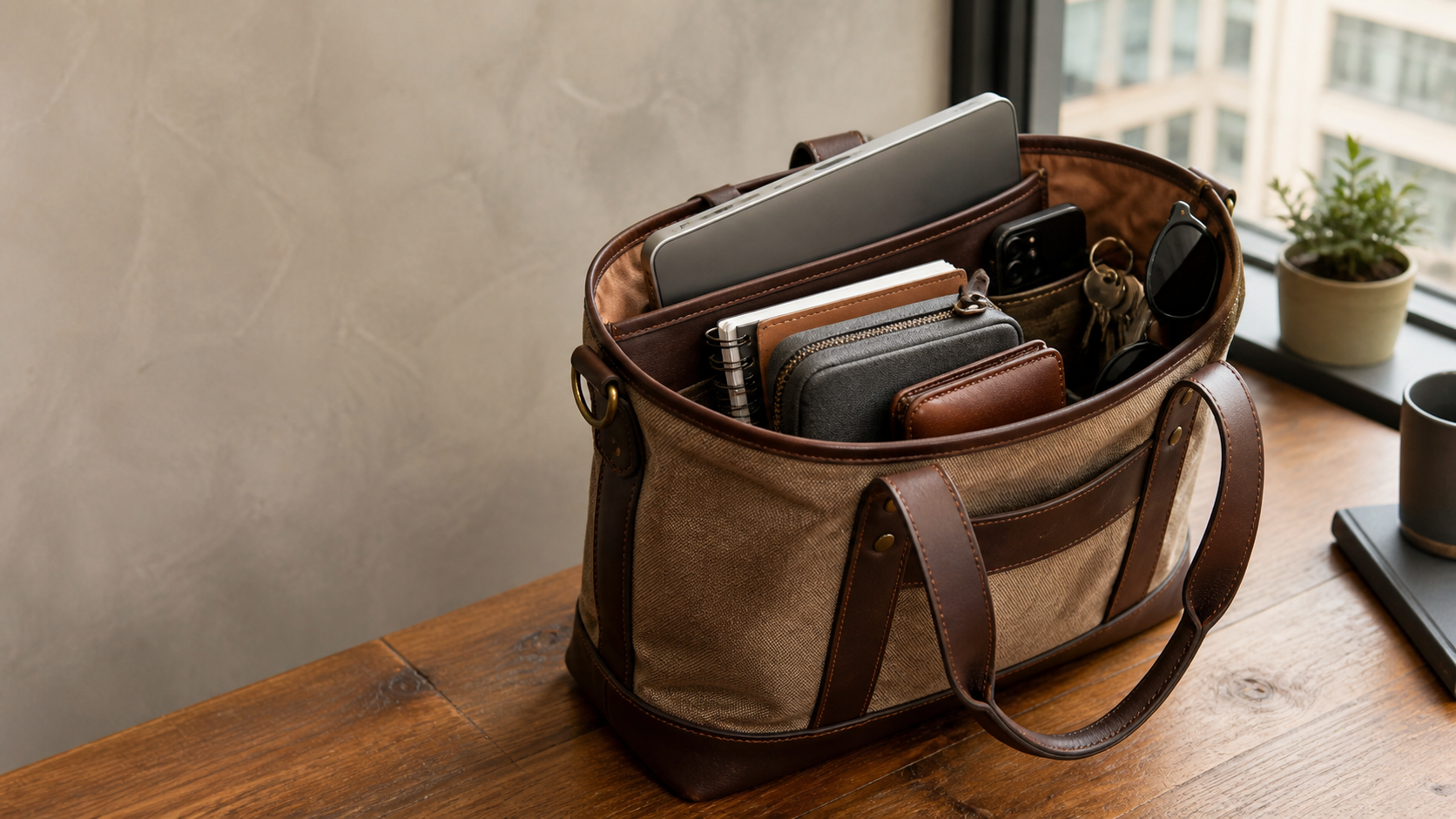 Tote Day masculina em couro legítimo e lona premium organizada para o dia a dia