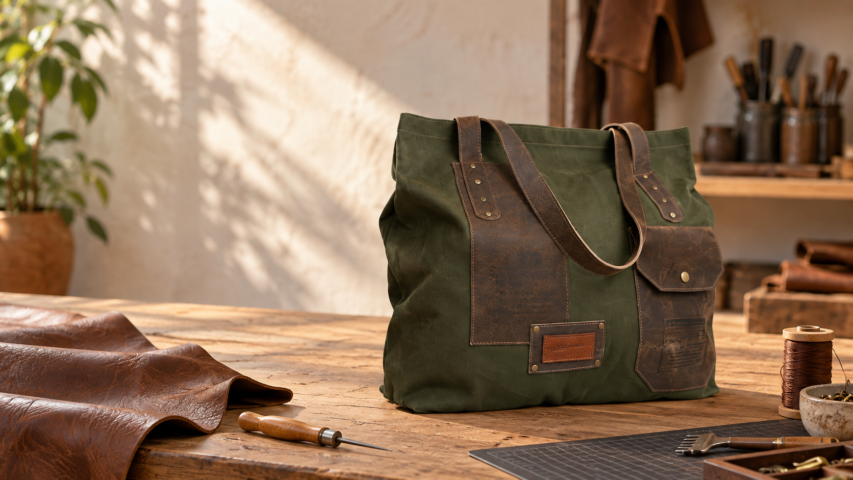 Bolsa Hylberman em lona verde e couro marrom em ateliê