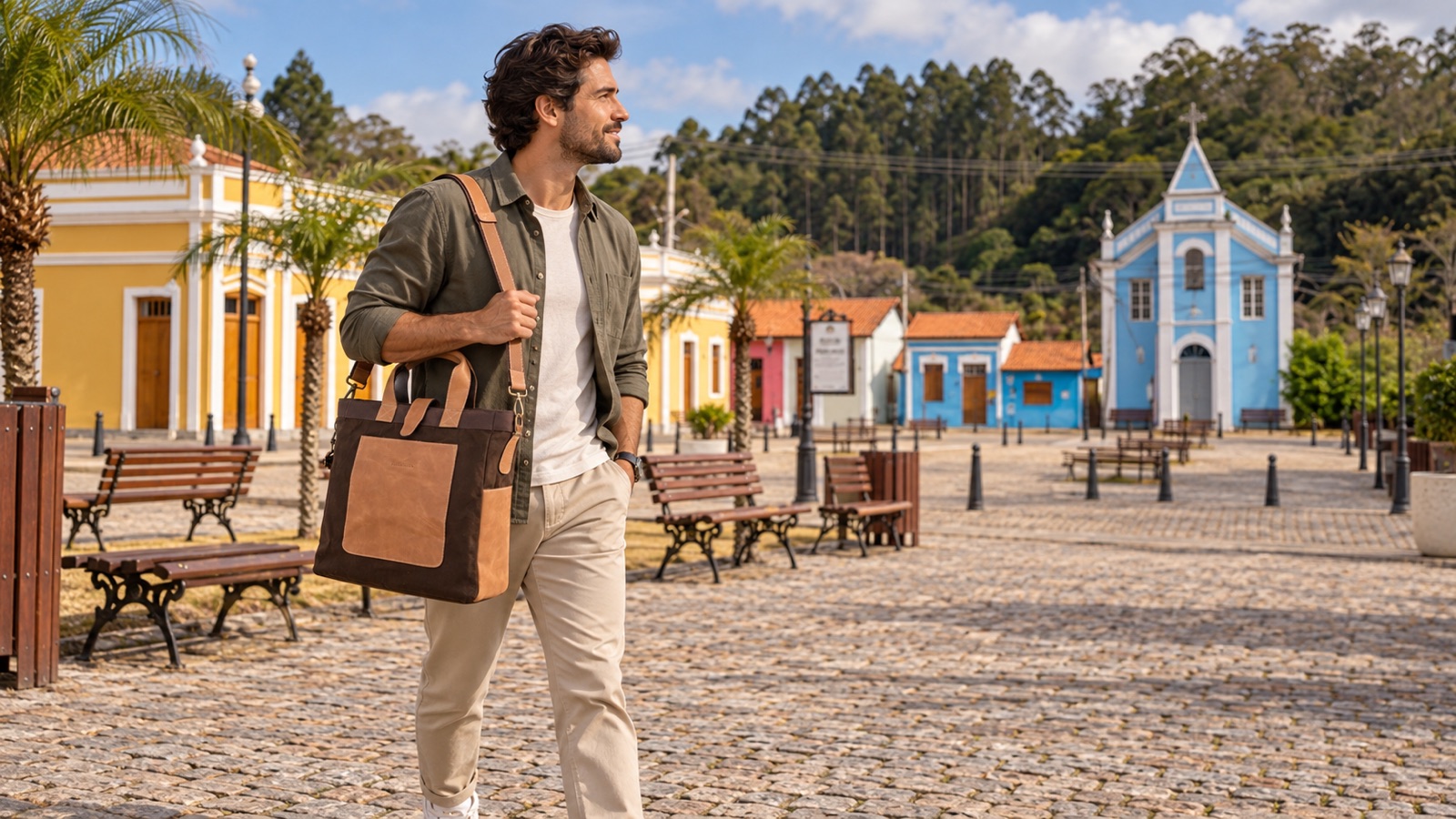 Modelo Hylberman com bolsa Carteiro Rio caminhando pela Vila de Luís Carlos em Guararema