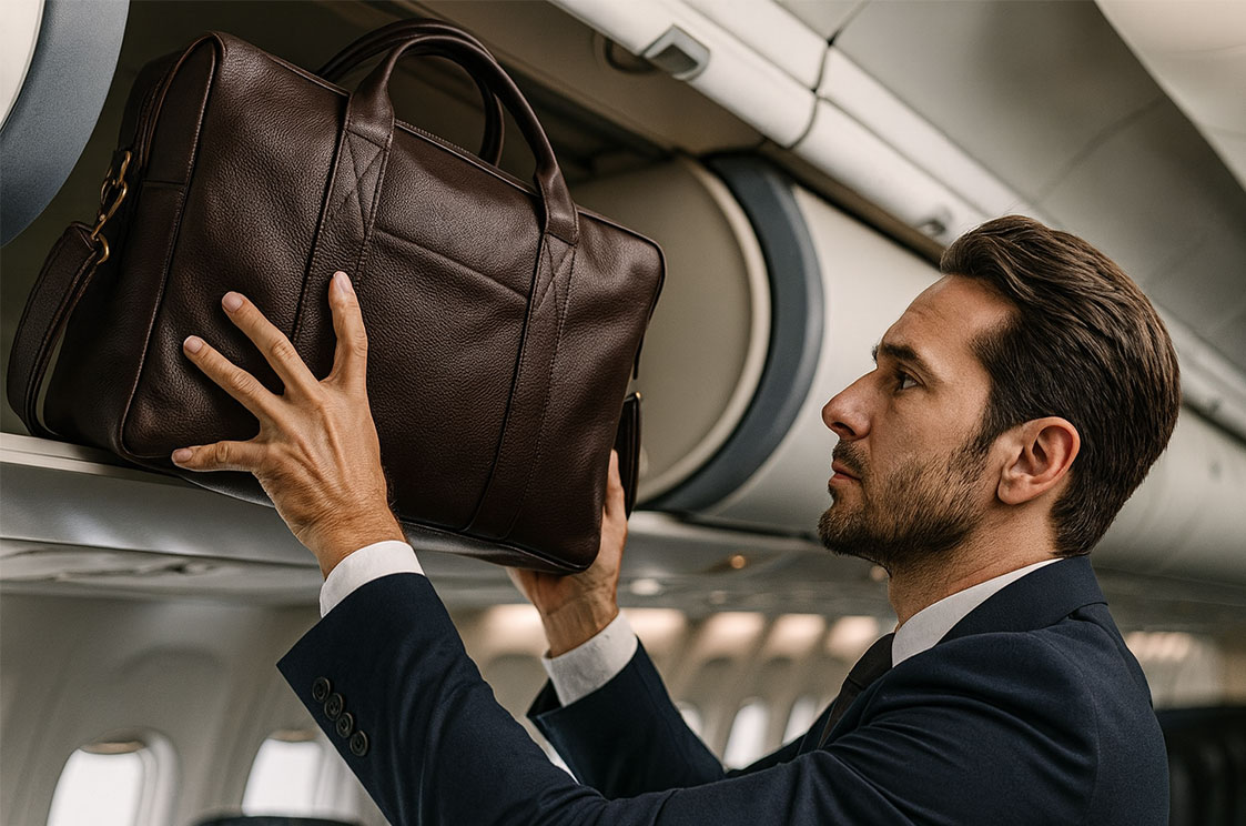 Mala de bordo de couro marrom sobre superfície clara