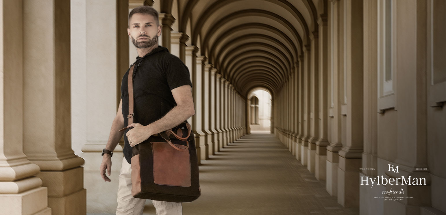 Bolsa carteiro masculina em couro e lona Hylberman