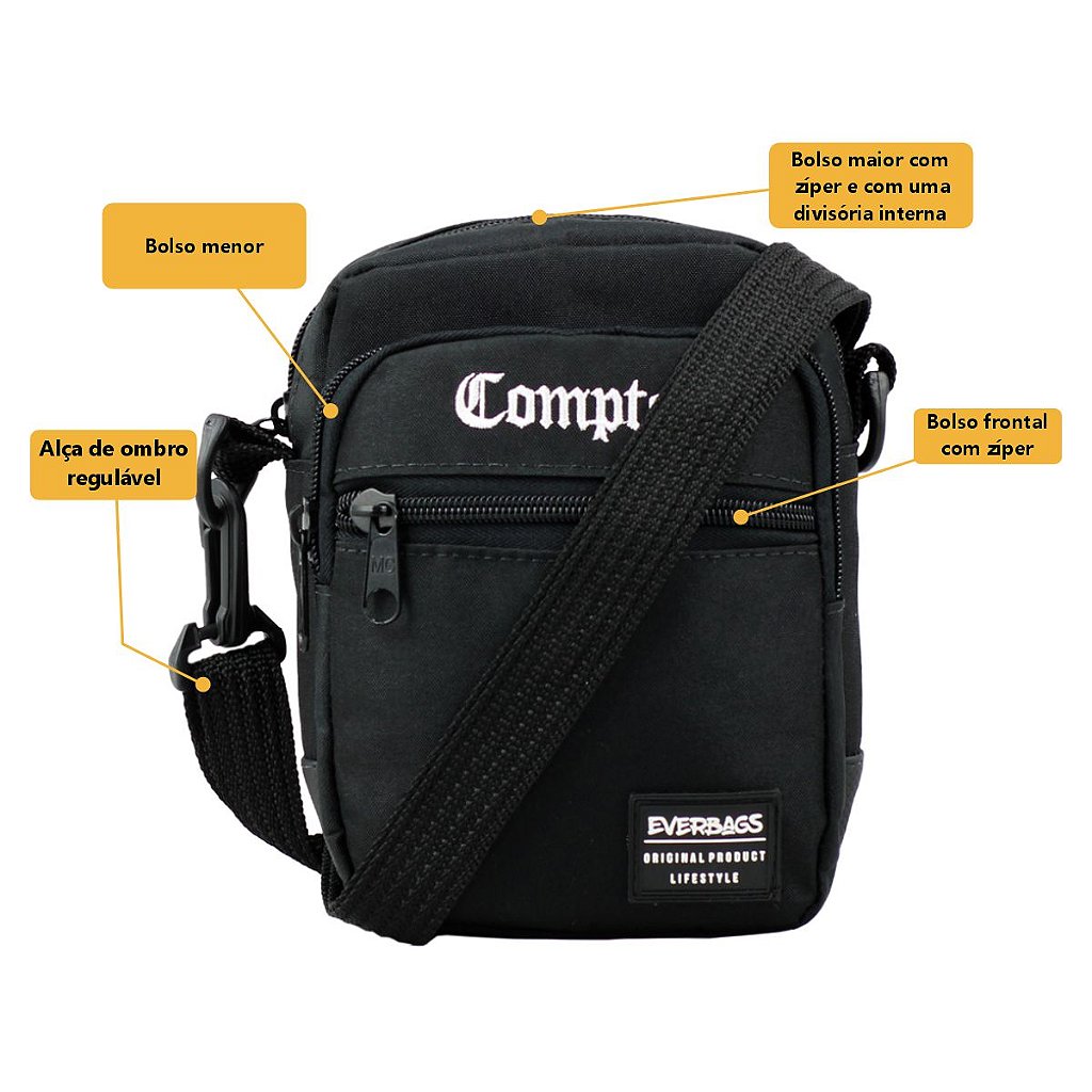 Shoulder Bag Black Comptom zíper frontal - EVERBAGS