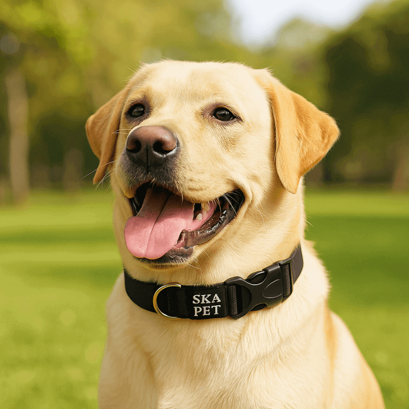 Labrador amarelo usando coleira antipuxão para cachorro em nylon preto Skapet em passeio ao ar livre