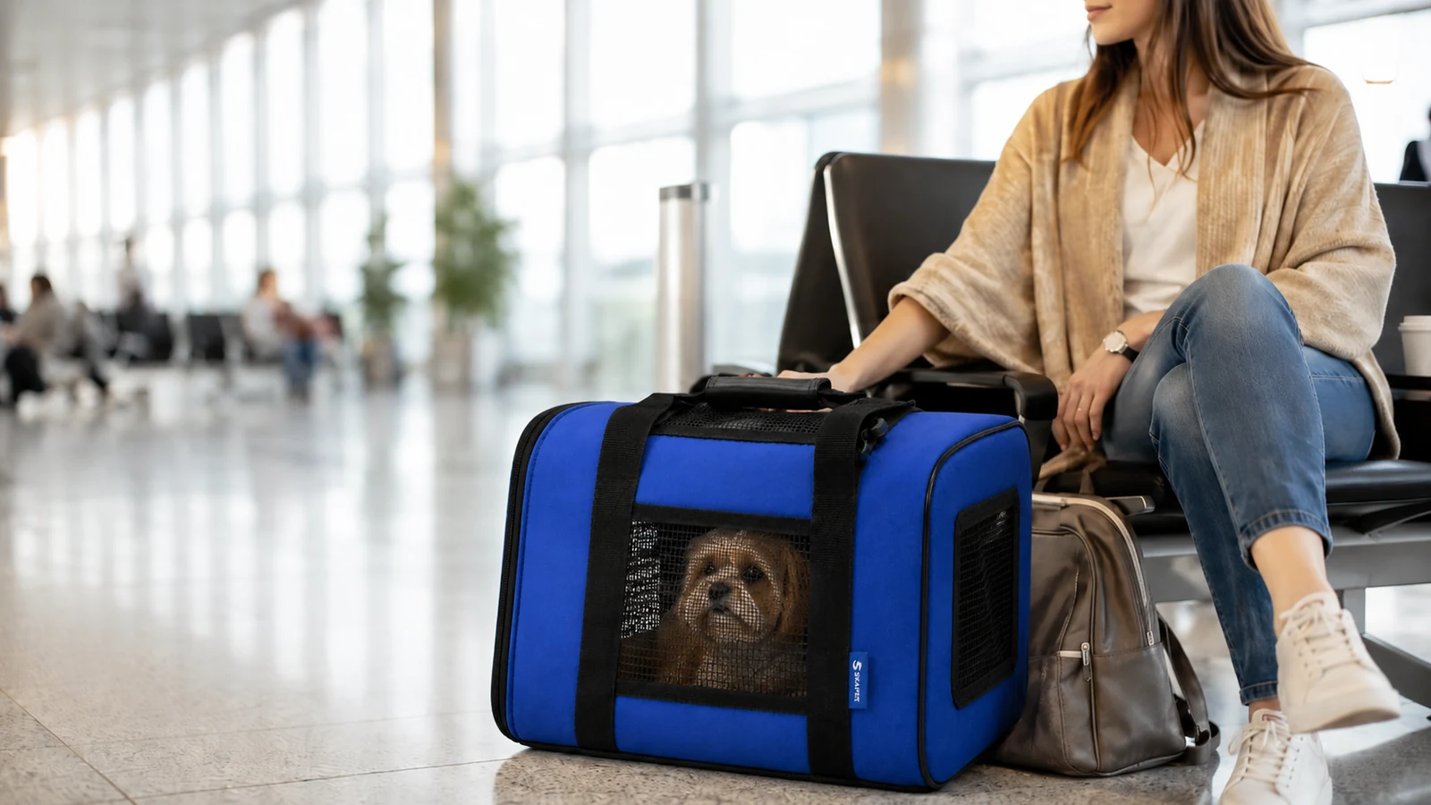 Cachorro pequeno em bolsa de transporte para cabine em aeroporto antes de viagem pela LATAM