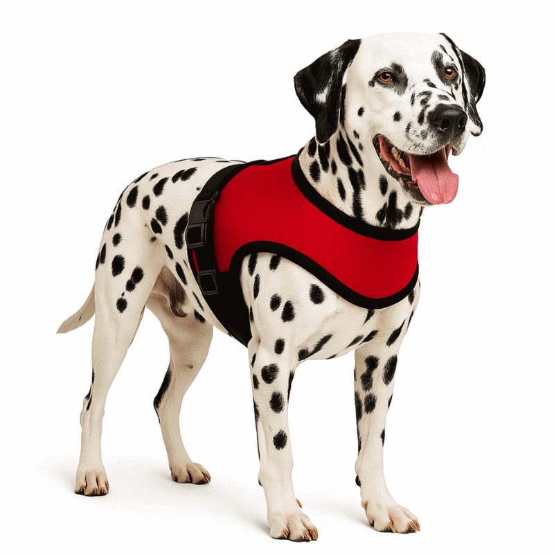 Cachorro dálmata usando coleira peitoral ergonômica vermelha Skapet em nylon antipuxão