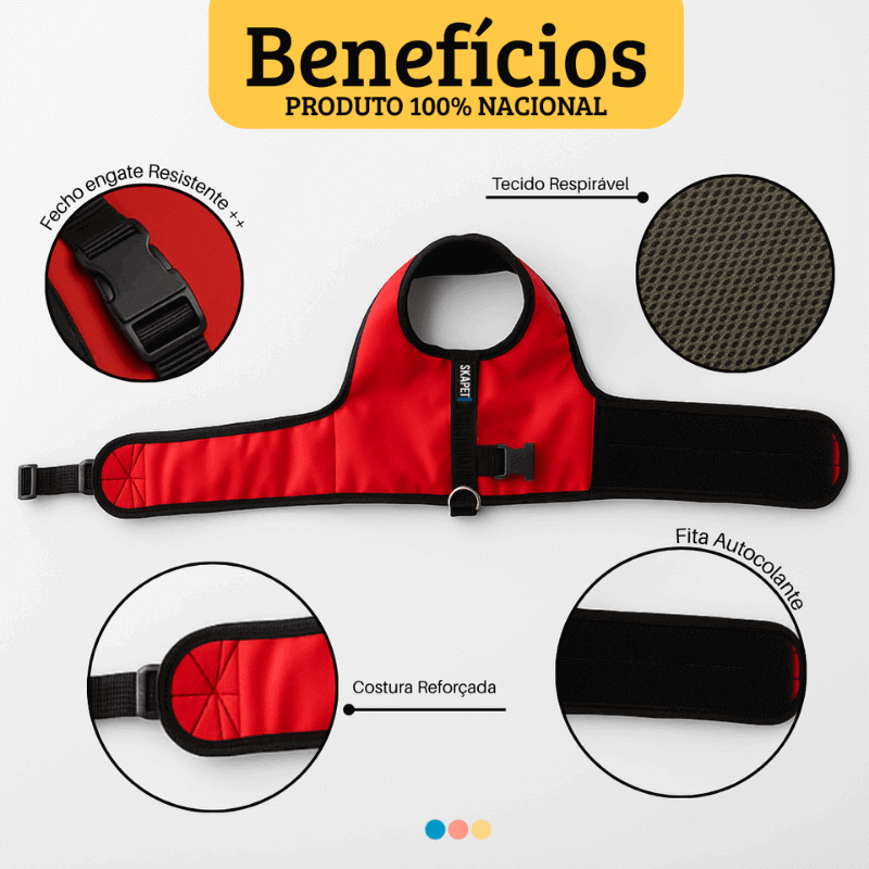 Benefícios do peitoral ergonômico para cachorro Skapet com tecido respirável, fita autocolante, fecho resistente e costura reforçada