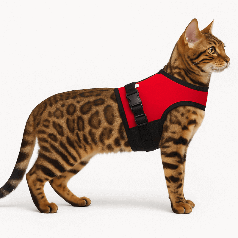 Gato Bengal usando coleira peitoral vermelha Skapet em nylon ajustável para passeios