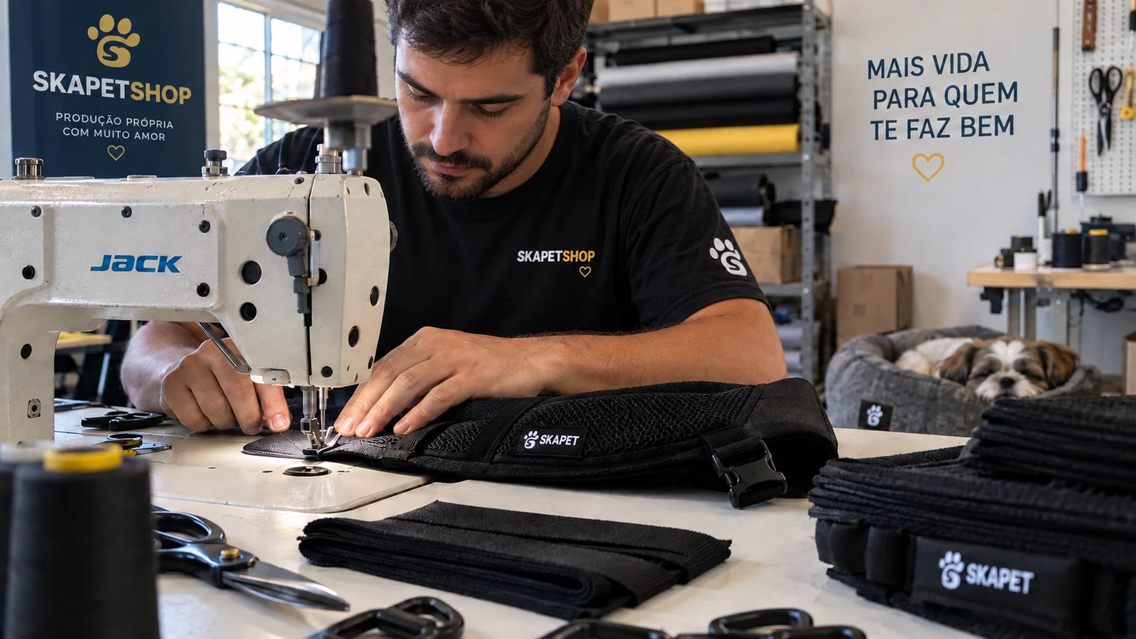 Equipe da Skapetshop em ambiente de produção própria de acessórios pet