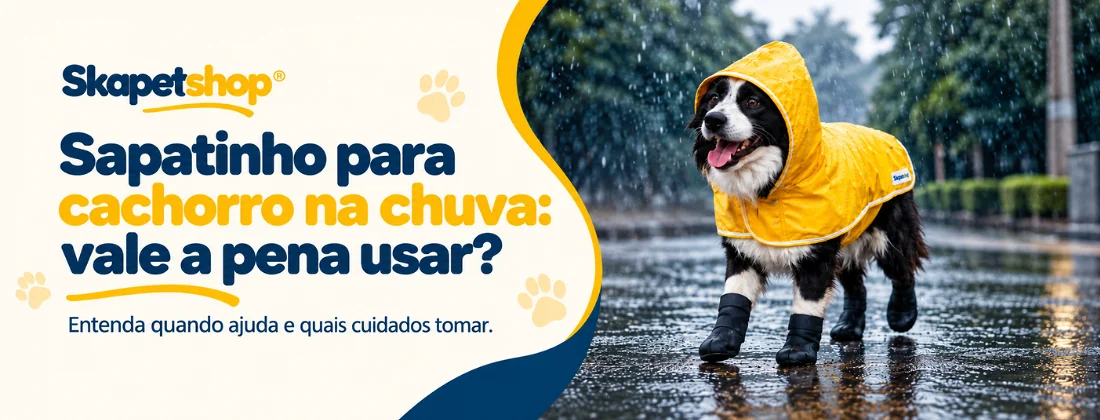 Cachorro usando sapatinho impermeável durante passeio na chuva