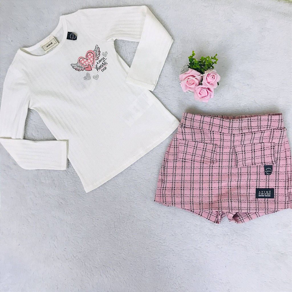 Conjunto de short saia e blusa xadrez rosa