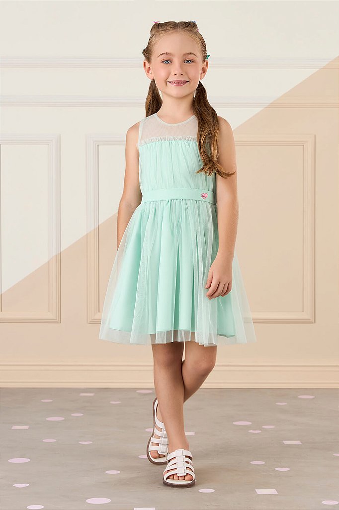 Vestido Infantil Vestido Bebe Verde Agua Criança Vestido Verde