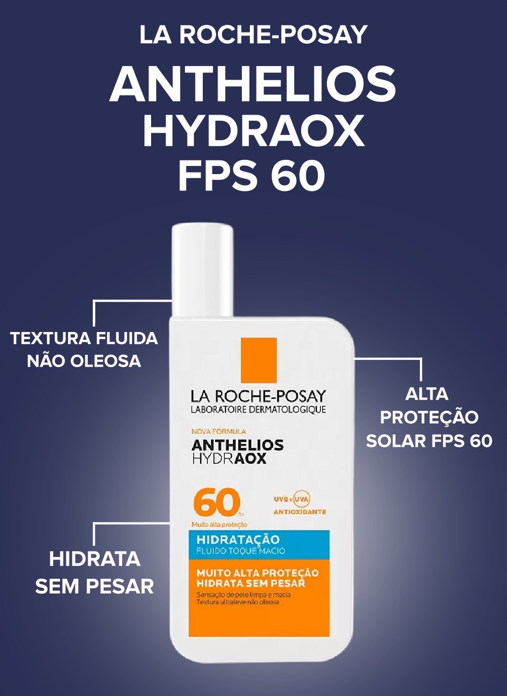 Anthelios Hydraox com FPS 60 e Vitamina E para defesa antioxidante diária.