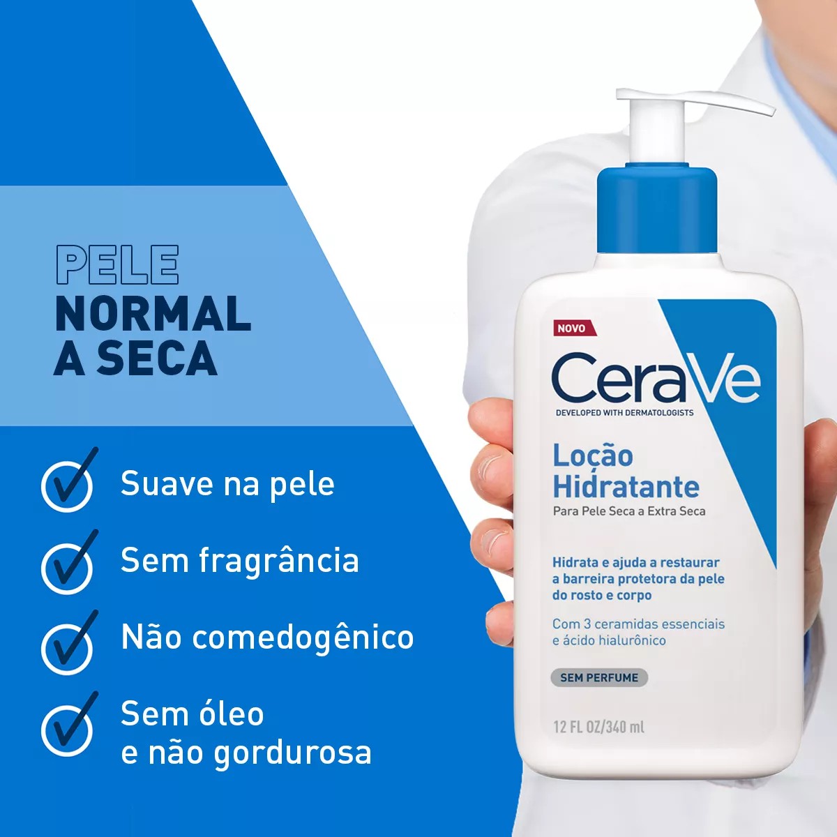 Frasco da Loção Hidratante CeraVe 473ml com ácido hialurônico e ceramidas, ideal para restaurar a barreira da pele seca e sensível.
