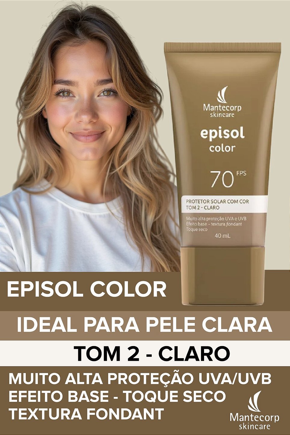 Textura mousse do Episol Color FPS 70 Tom 2 ideal para pele clara com toque seco.
