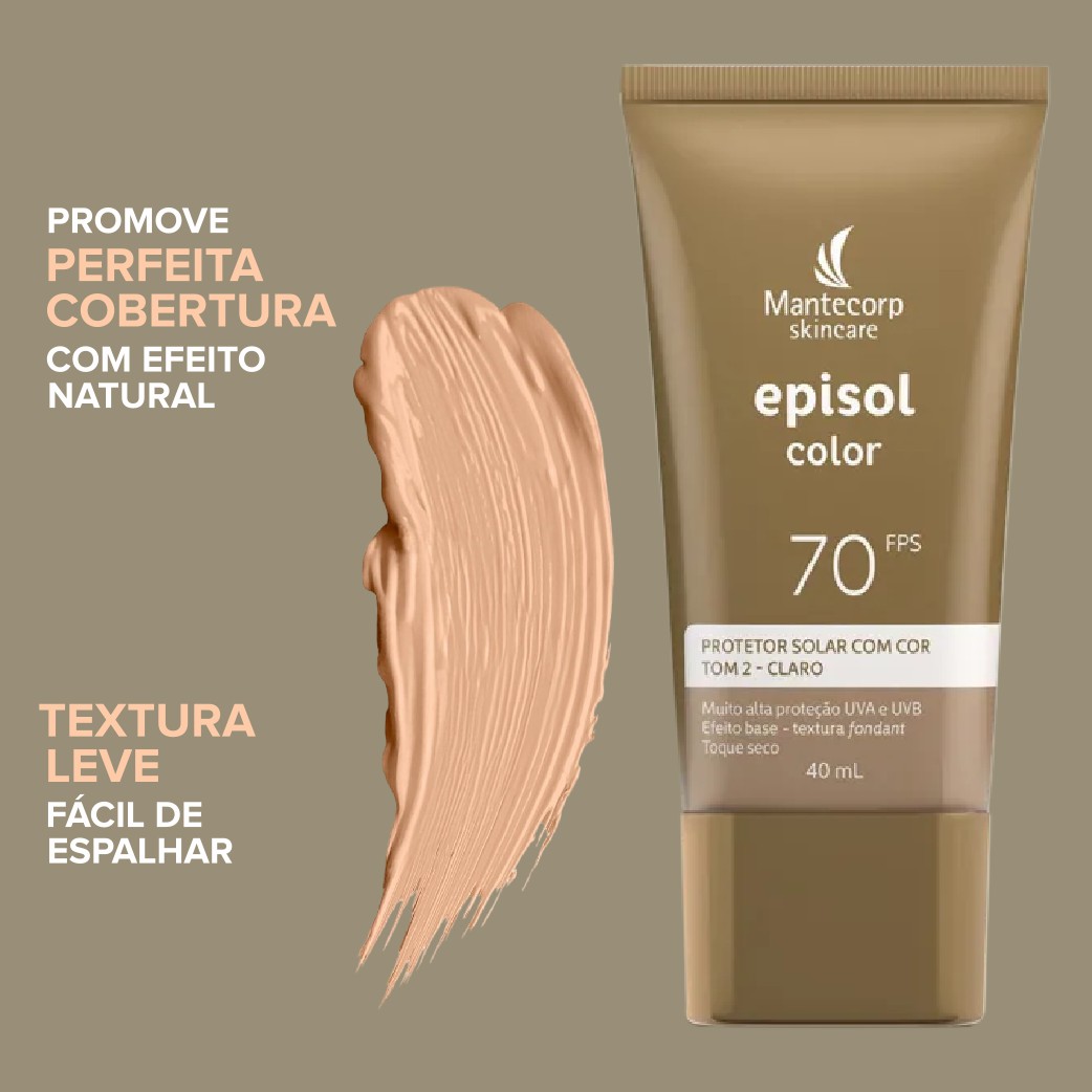 Episol Color FPS 70 disfarçando imperfeições com cor adaptada à pele brasileira.