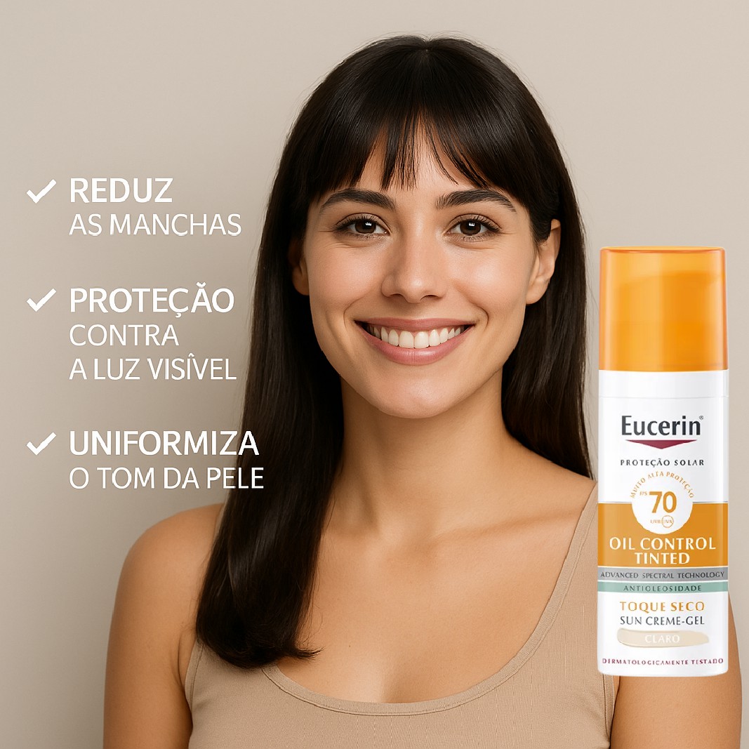 Cobertura uniforme e controle do brilho com Eucerinsun Oil Control Tinted FPS 70