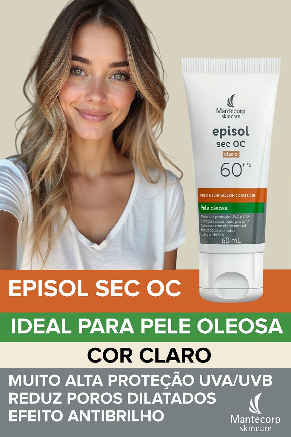 Protetor solar Episol Sec OC FPS 60 com cor claro para pele oleosa