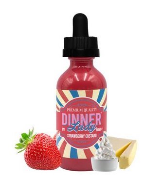 Embalagem do juice Strawberry Custard da marca Dinner Lady com morangos, creme e manteiga ao fundo