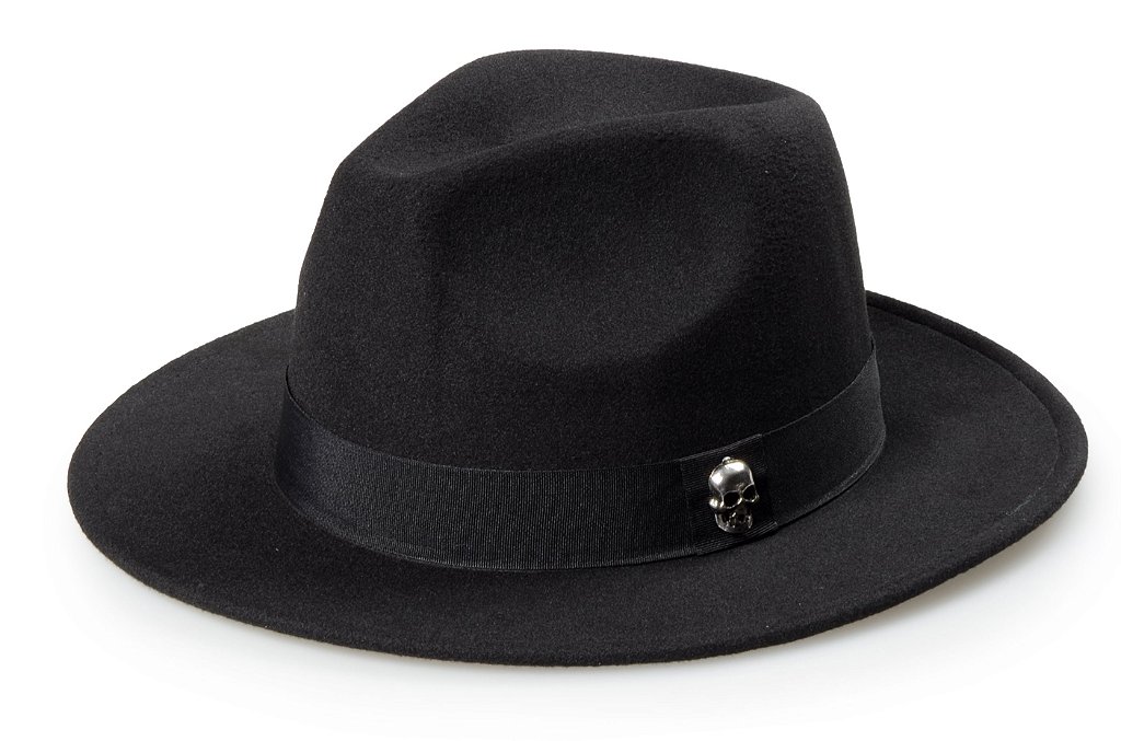 Chapéu Fedora Preto Aba 7CM Caveira Níquel - Chapéu & Estilo | Custom Hats