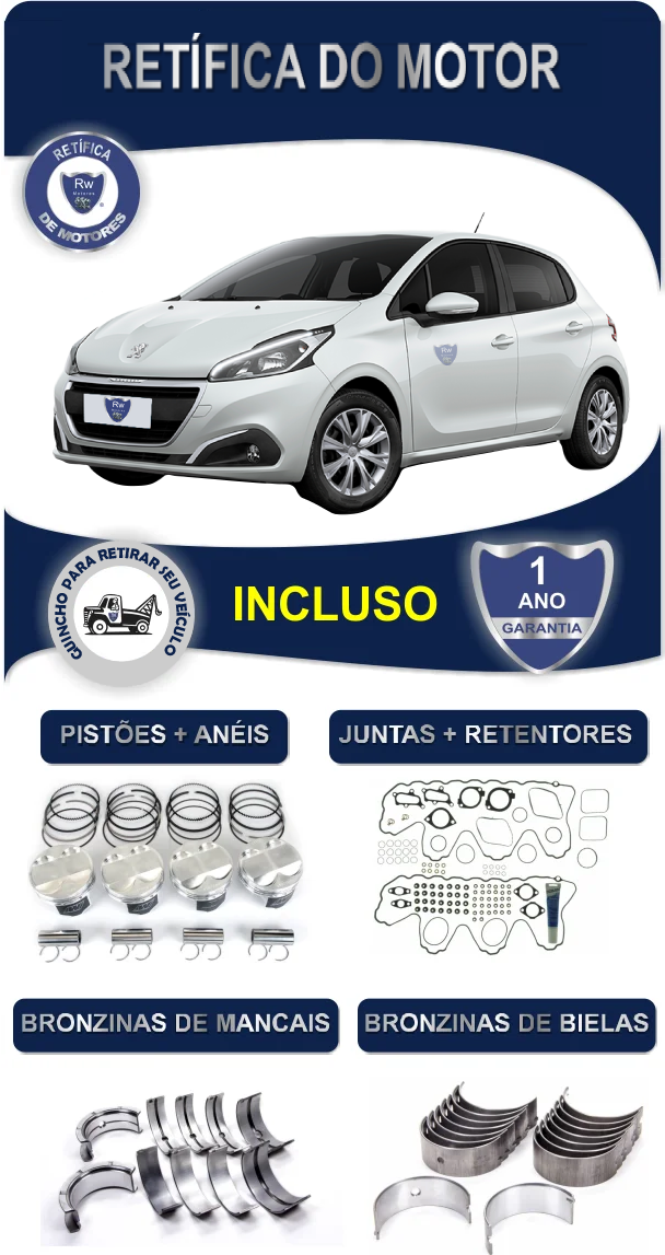 Retífica de Motor Peugeot 208 Active Pack 1.2 12v Flex 3 Cilindros