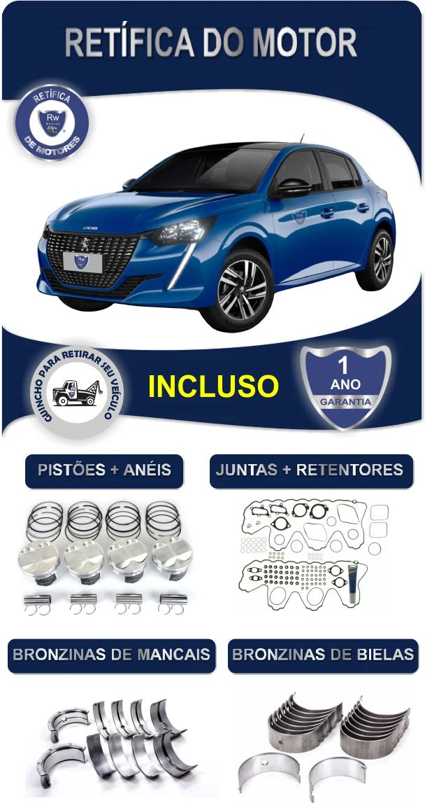 Retífica de Motor Peugeot 208 Allure 1.0 12v 200 Turbo Flex 3 Cilindros