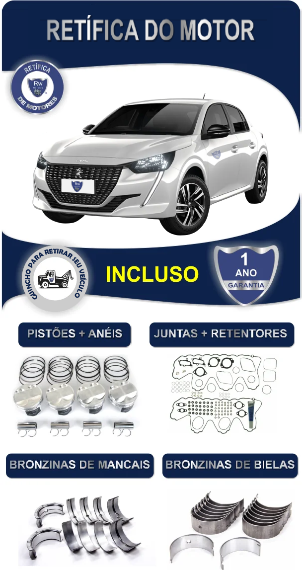 Retífica de Motor Peugeot 208 Griffe 1.0 12v 200 Turbo Flex 3 Cilindros