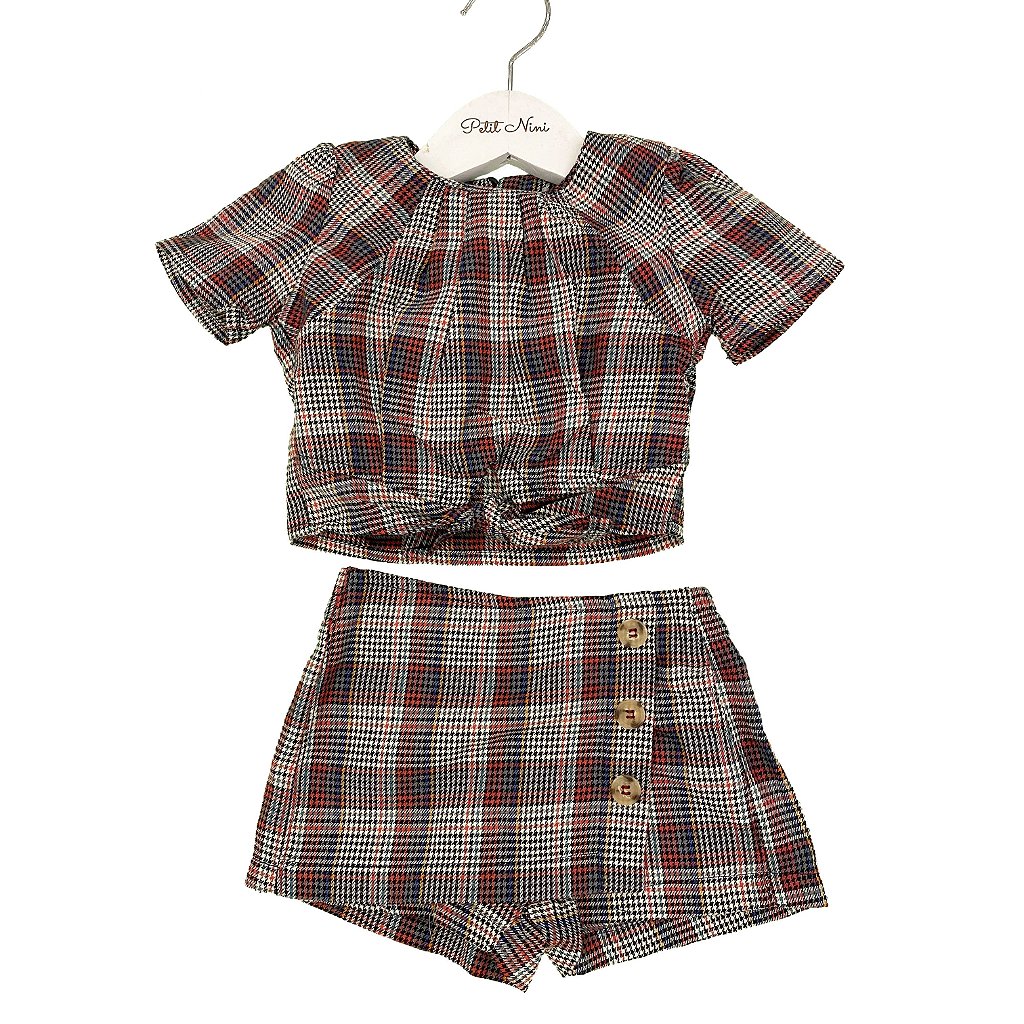 conjunto de saia xadrez infantil