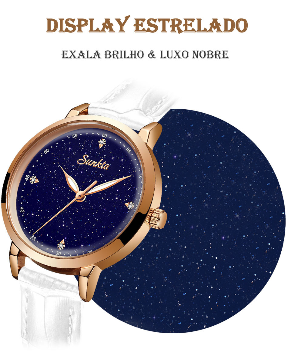 Relógio Sunkta Luxury Estrelado Pulseira de Couro
