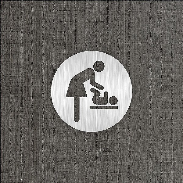 Placa Vazada Redonda Indicativa  Banheiro Fraldário Inox Escovado