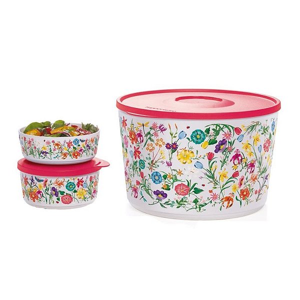 Tupperware Tigela Ilúmina Primavera Branco Tampa Vermelha kit 3 Peças