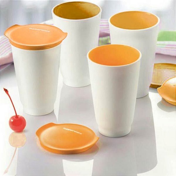 Tupperware Copos Allegra 450ml Laranja e Branco kit 4 peças