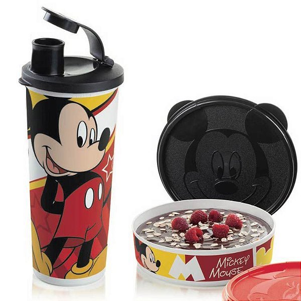 Tupperware Mickey  Copo 470ml + Mickey Pratinho 500ml Kit 2 Peças Preto e Branco