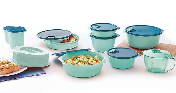 Tupperware Bea Cristalwave 10/2017 Verde Mint e Azul Turmalina 9 peças