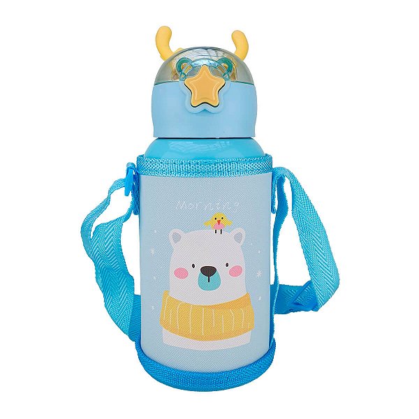 Garrafa Isotérmica com Termometro Infantil Inox 500ml + Capa Urso