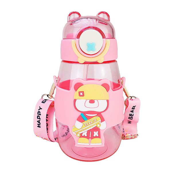 Garrafa Squeeze Infantil com Alça 600ml Urso Rosa + Adesivos