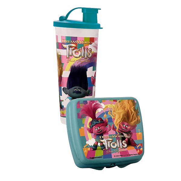 Kit Tupperware Copo com Bico 470ml + Porta Sanduíche Trolls 3