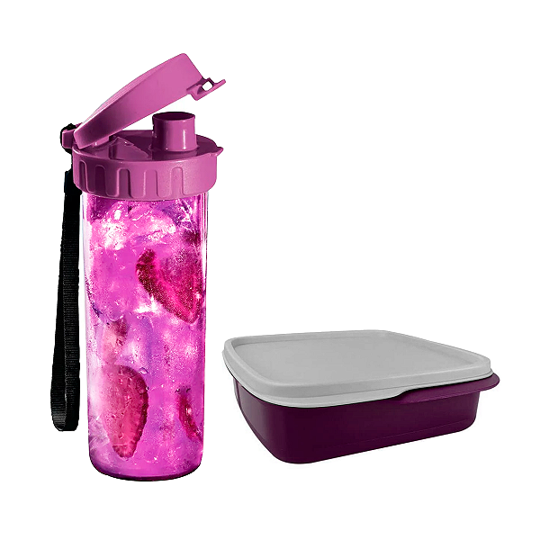 Kit Tupperware Garrafa Drink 380ml + Basic Line com Divisórias 550ml Amora