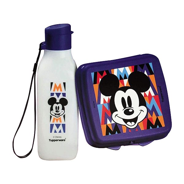 Kit Garrafa Tupperware Quadrada 500ml Squeeze + Porta Sanduíche M de Mickey 2 peças