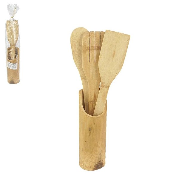 Kit Utensílios de Cozinha em Bambu 4 peças