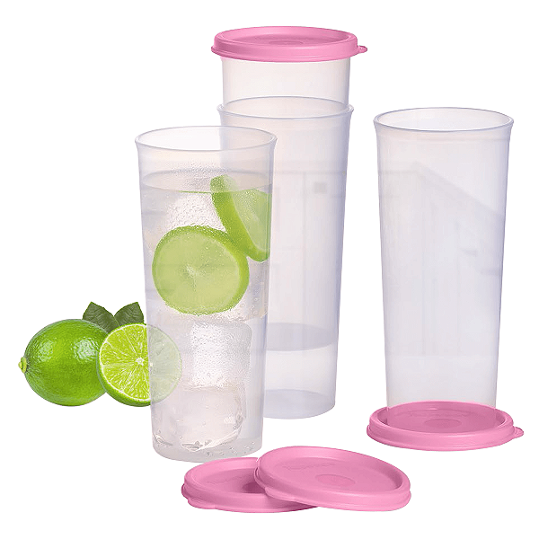 Kit Tupperware Copo 470ml transparente e rosa 4 peças
