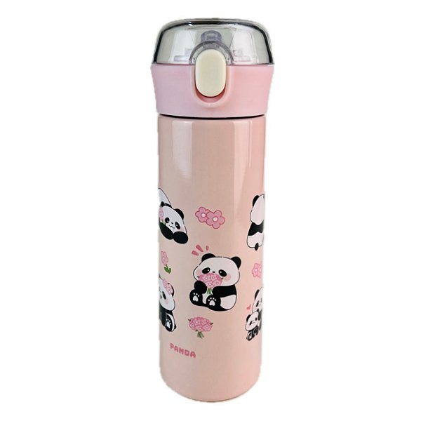 Garrafa Térmica Infantil Inox Panda com Canudo Rosa 500ml