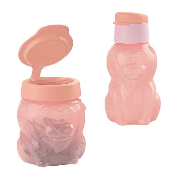 Kit Garrafa Tupperware Eco Kids 350ml + Tupper Pote Leãozinho 300ml Algodão Doce