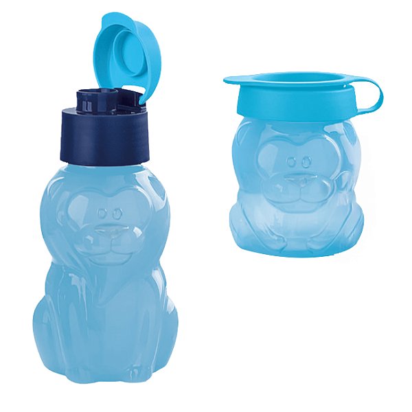 Kit Garrafa Tupperware Eco Kids 350ml + Tupper Pote Leãozinho 300ml Azul Céu